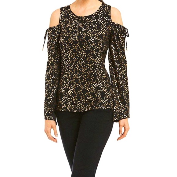 Michael Kors Cold Shoulders Blouse Gold Stars Print Long Sleeves Logo Ties - Picture 3 of 10
